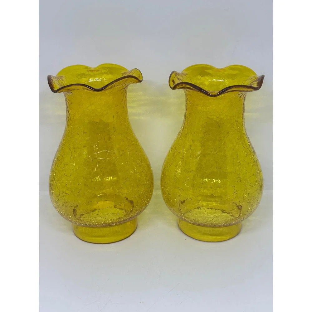 VTG Crackle Glass Hurricane Vases Amber Yellow Ruffled Rim Mid Century Decor Set